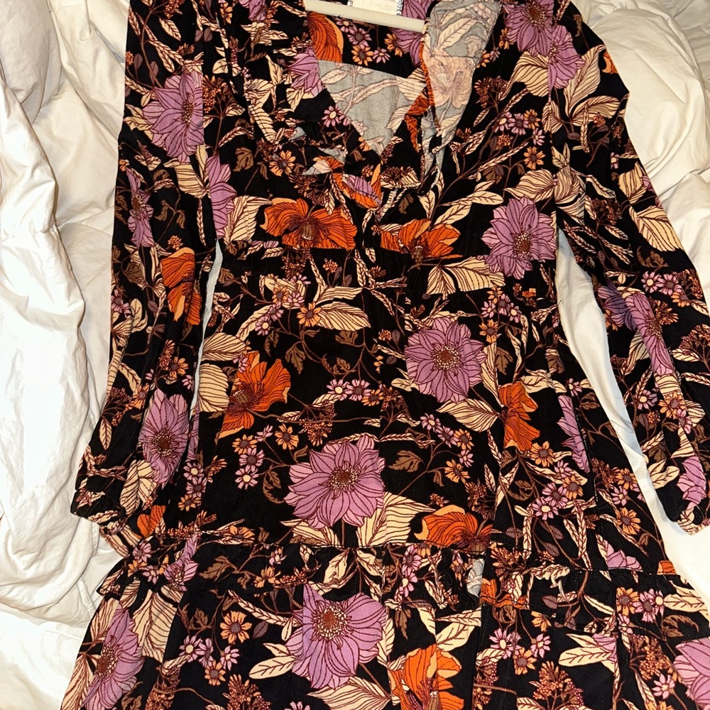 Floral Long Sleeve Dress - Black, Purple, Orange